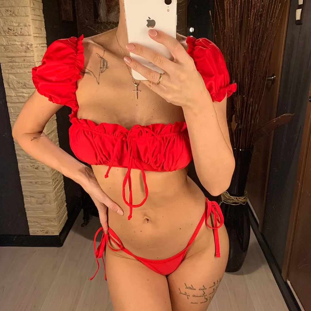 Kurzärmeliger, brasilianischer, plissierter, geraffter Bikini-Badeanzug für Damen, zweiteiliger Bikini-Set, Badebekleidung, Badeanzug, Schwimmanzug V1729 – Detail 11
