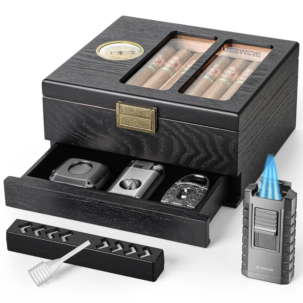 

Cigar Humidor, Glass Top Cedar Wood Cedar Humidor Box, Cigar Case for 20-35 Cigars with Hygrometer and Multi-Function Cigar L