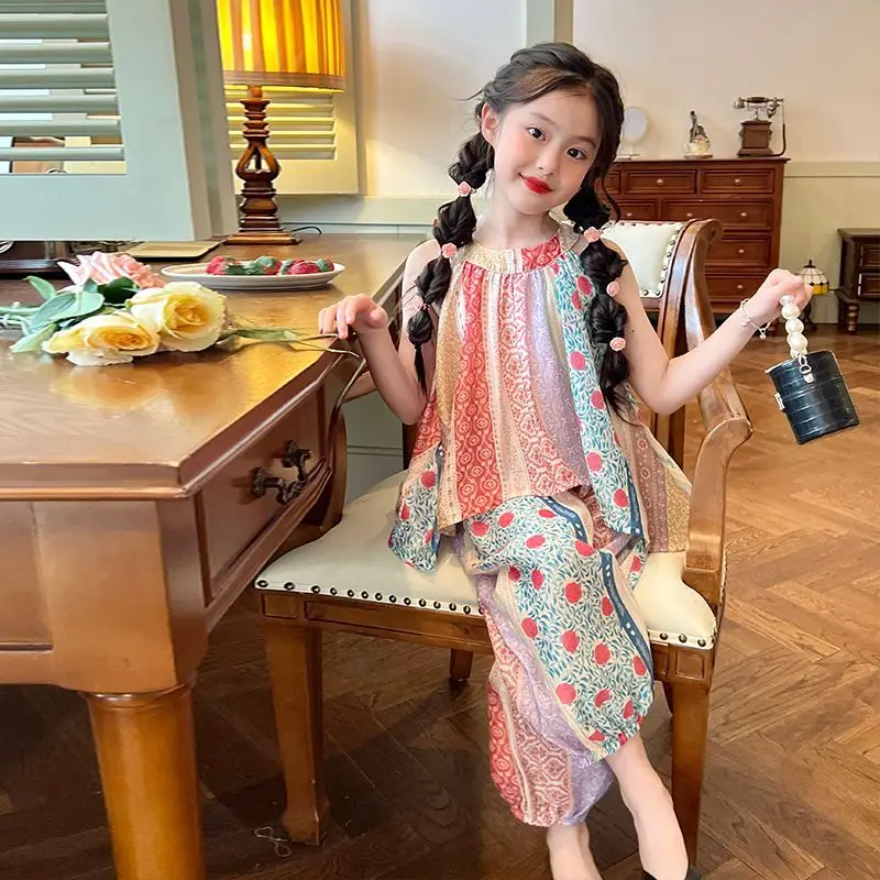 2026 Summer New Girls Vacation Style Fashionable Western-style Set Children Bohemian Style Thin Two-piece Set Trendy