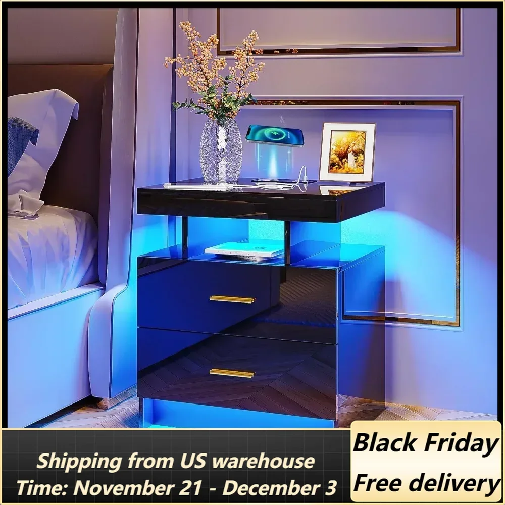 

Nightstands LED Nightstand With Wireless Charging Station and USB Port With 2 Drawers Bedside Tables for the Bedroom Mini Table