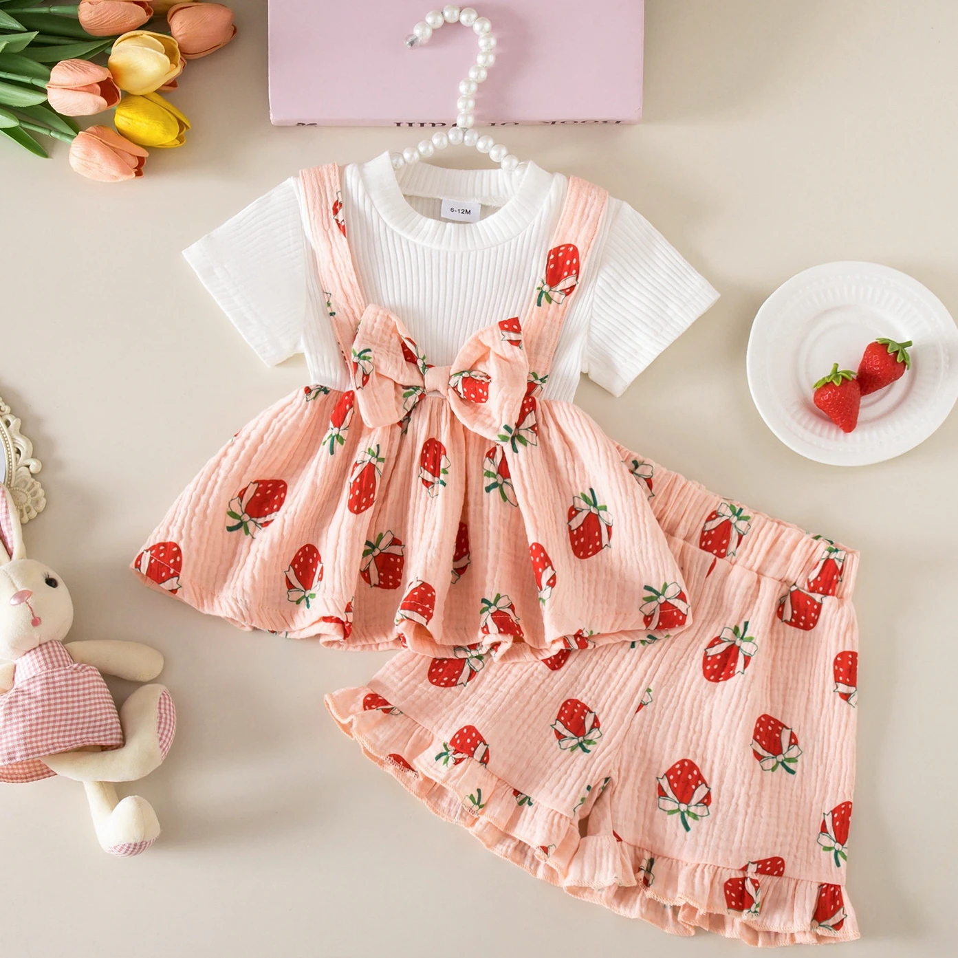 

2pcs Baby Girl Summer Clothes Strawberry Short Sleeve Faux Two-piece Dress Ruffle Shorts Set Toddler Girl Outfits Casual Dresses