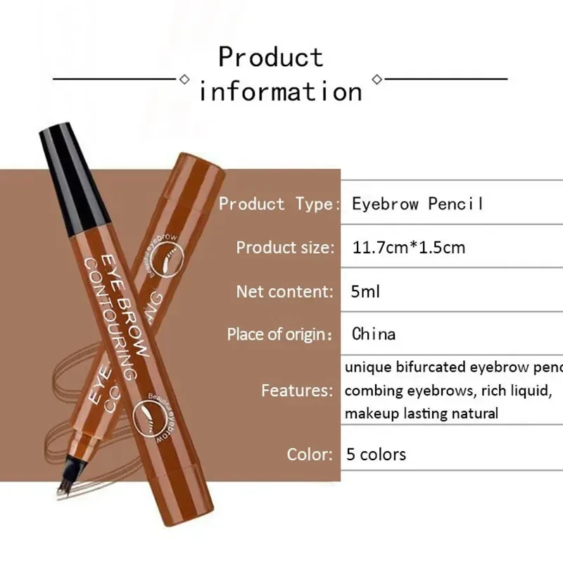 Crayon à sourcils liquide imperméable à l'eau, maquillage cosmétique, stylo à sourcils longue durée, 4 pointes