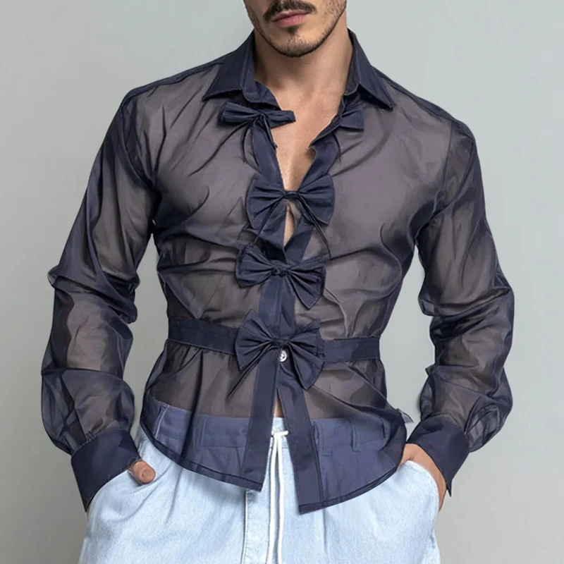 INCERUN Kemeja Pria Warna Solid Kerah Lengan Panjang Transparan Seksi dengan Ikat Pita Pakaian Pria Longgar Streetwear 2025 Fashion Kemeja Pria