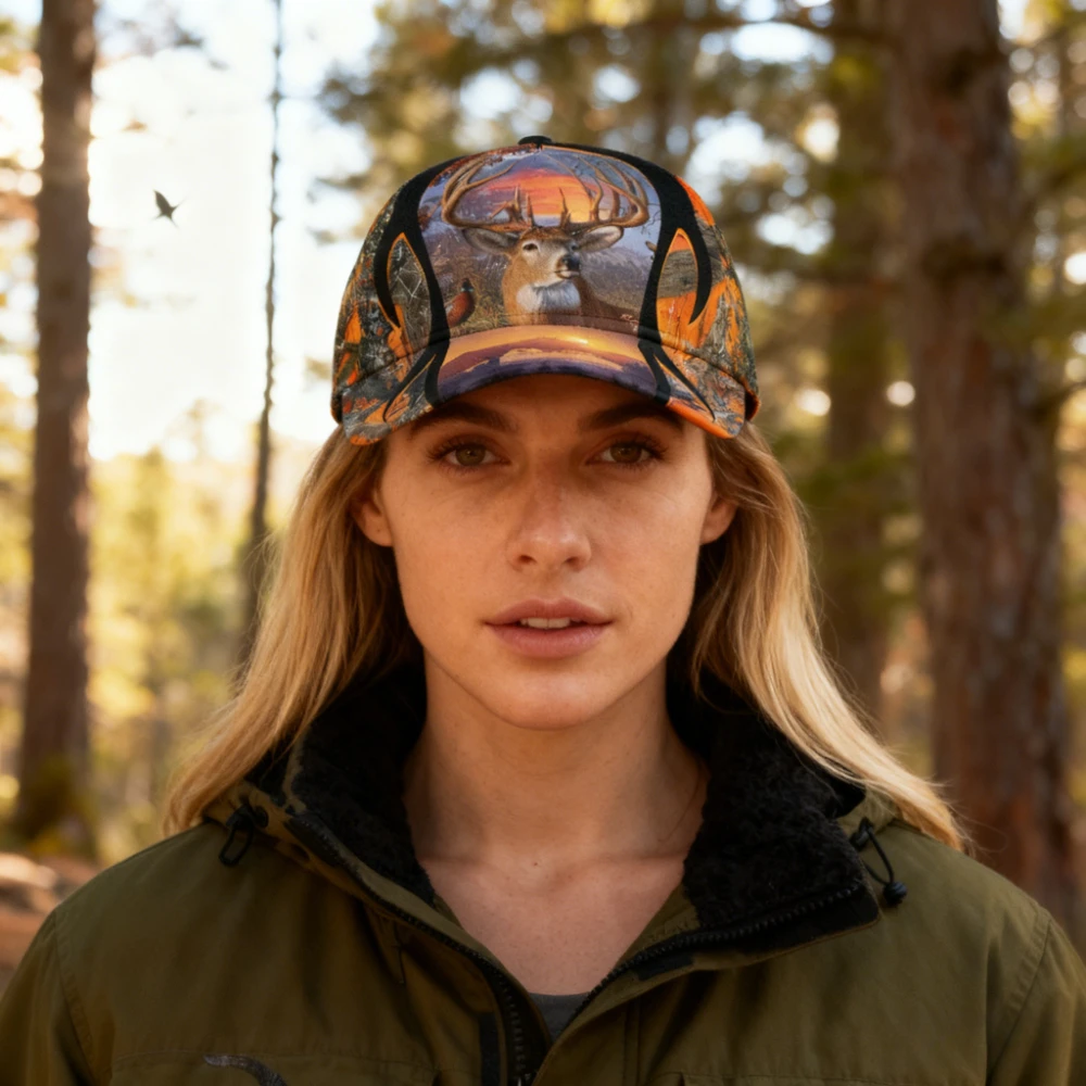 Gorra de béisbol de camuflaje naranja con estampado de ciervos y atardecer enormes llamas vibrantes para caza, sombrero ajustable para exteriores para hombres y mujeres