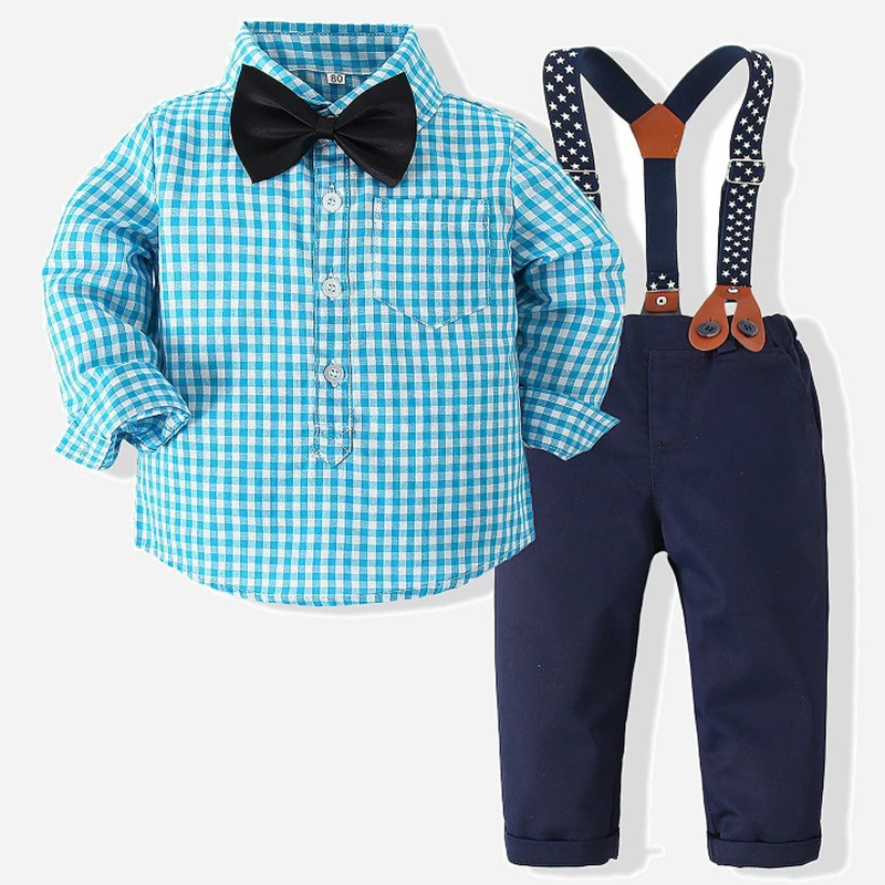 

4Piece Spring Boys Outfit Set Korean Fashion Gentleman Plaid Cotton Tops+Pants+Strap+Tie Baby Clothing Newborn Clothes BC1155