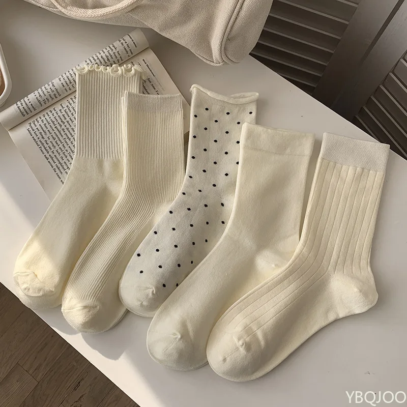 5 Pairs Polka Dot Fungus Edge Sweat Absorbing Breathable Soft Comfortable Casual Socks Women White Mid Tube Cotton Socks