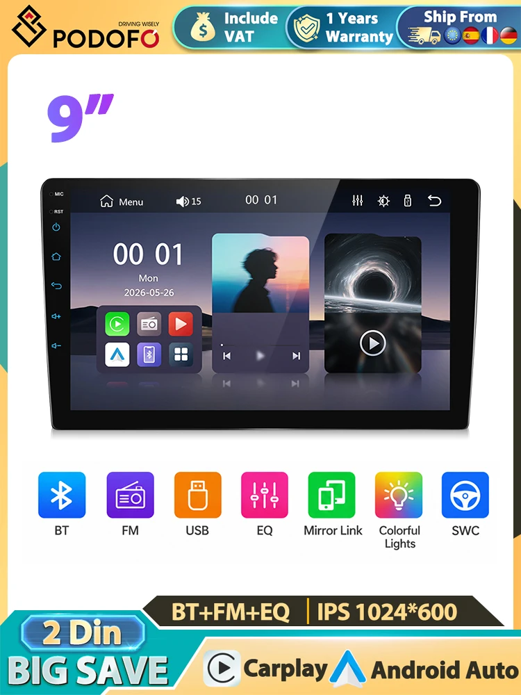 Podofo 9" Radio Samochodowe MP5 z CarPlay i Android Auto, Radio Bluetooth, FM, EQ, Mirror Link, Sterowanie z Kierownicy, Odtwarzacz Multimedialny do Samochodu — 2