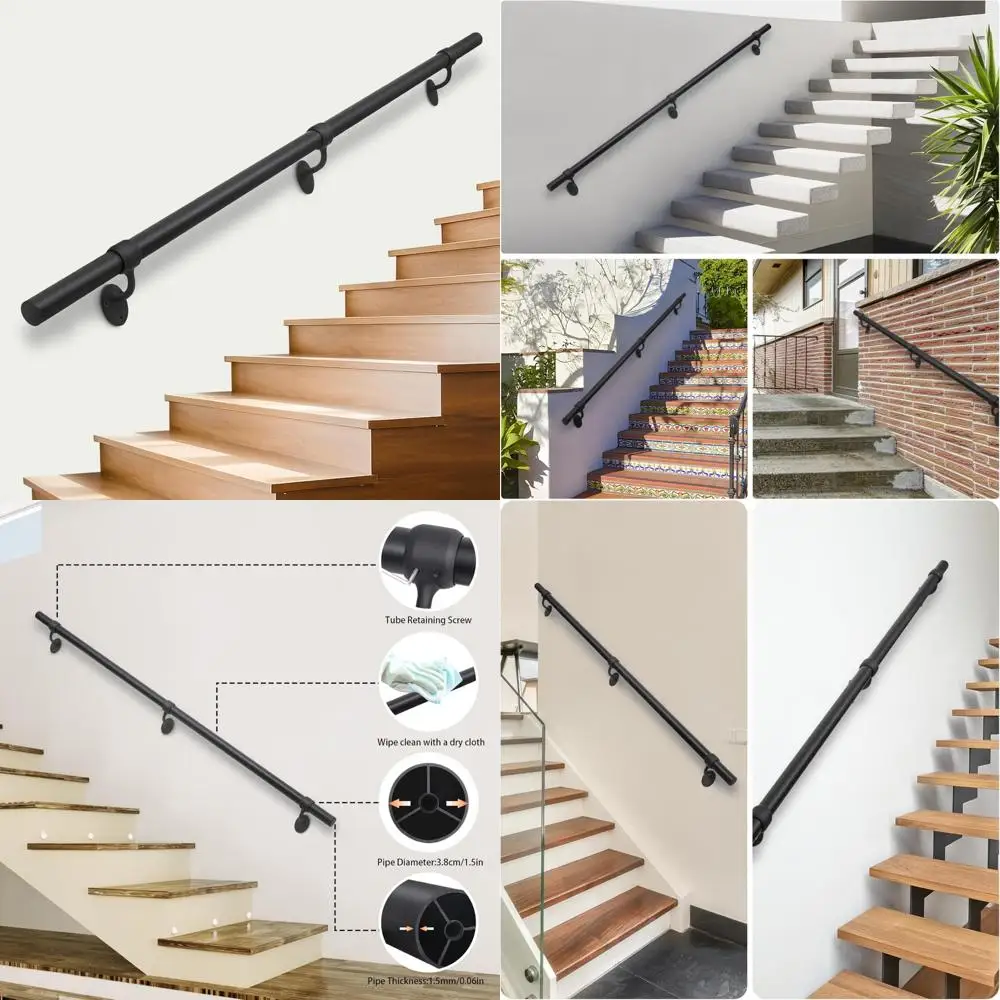 درابزين معدني للدرج الداخلي 1.5 درابزين من الألومنيوم مثبت على الحائط باللون الأسود للاستخدام الصناعي #1