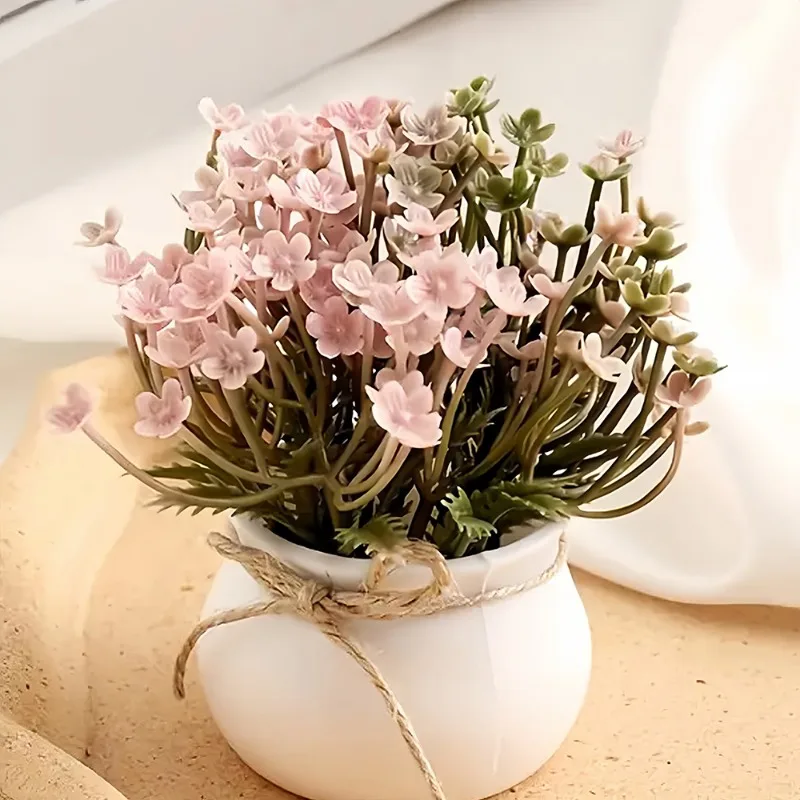 Artificial Bonsai Green Fake Plant Pink White Flower Potted Plant for Indoor Outdoor Home Bedroom Garden Decoration Supplies