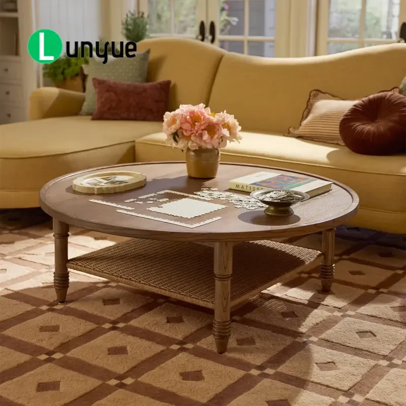 Vintage Round Coffee Table Solid Wood Rattan Top Modern Center Table for Living Room Home Decor Furniture Durable Stylish