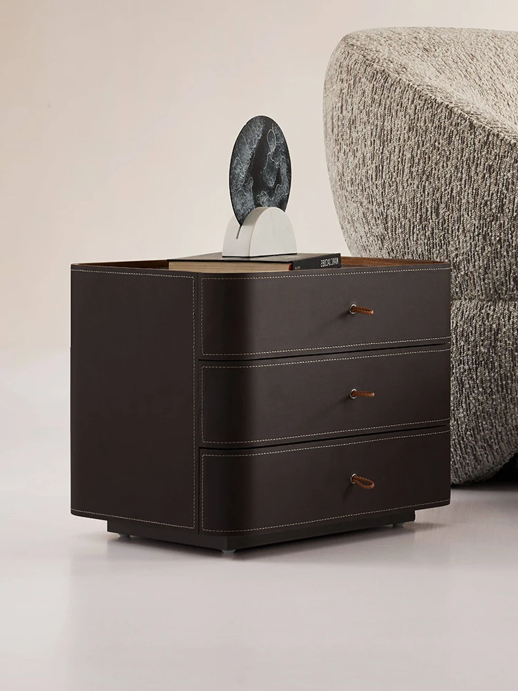 Italian Minimalist Saddle Leather Bedside Table Modern Minimalist Master Bedroom Bedside Cabinet Light Luxury