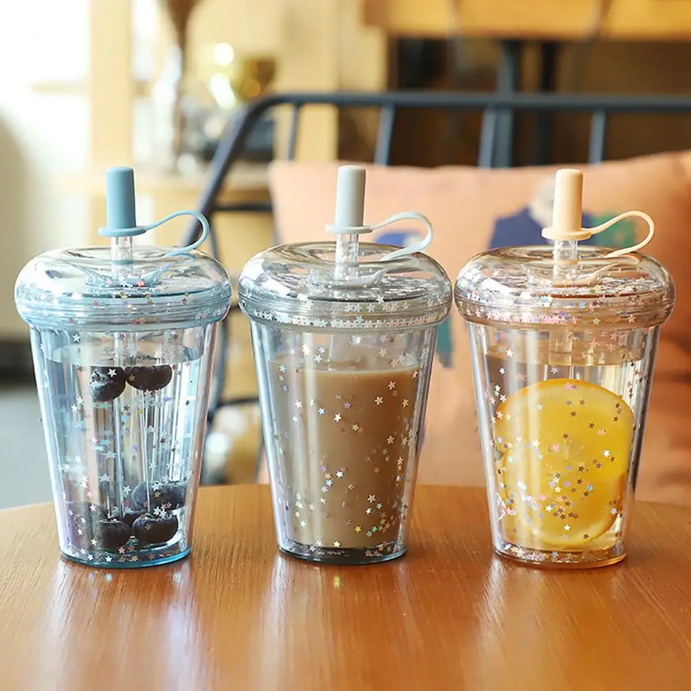 Handheld Drinkware for Campus Transparent Straw Cup with Sequins Decor Leak-proof Reusable Plastic Sippy Cup for Students