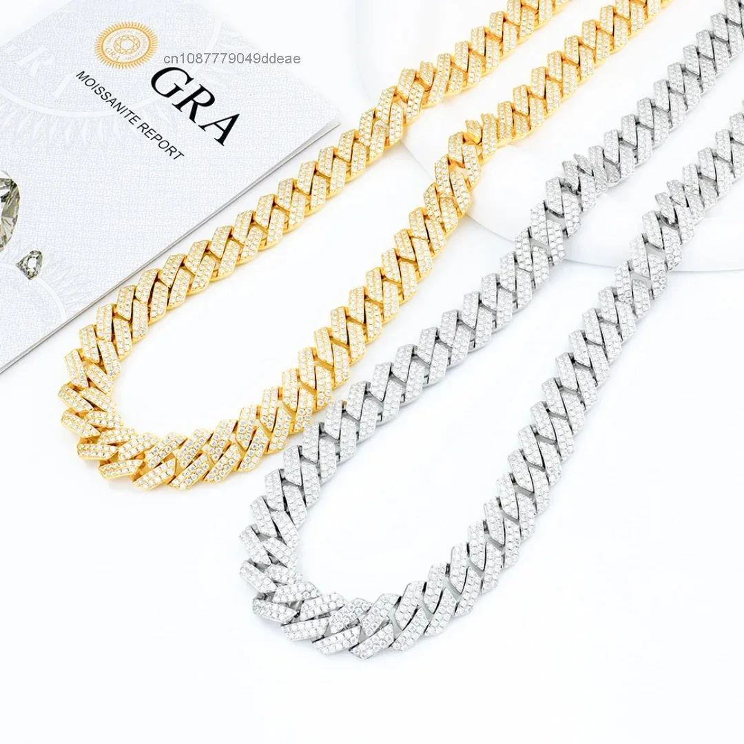 925 Men's Silver Jewelry White Gold Yellow Gold Plated Brilliant Cut Moissanite Necklace 14mm Angled Style Cuban Link Chains..