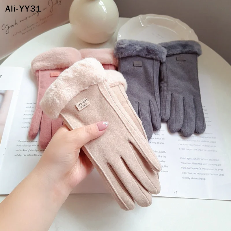 【W31】Winter Warm Suede Gloves Plus Velvet Thickened Plush Decor Cuff Gloves Outdoor Coldproof Touchscreen Riding Ski Gloves