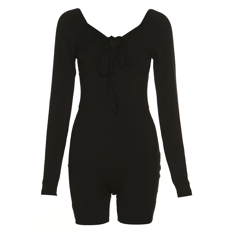 2024 new sexy y2k black long sleeved V-neck jumpsuit women's summer and autumn fitness low cut lace up long sleeved tight jumpsu