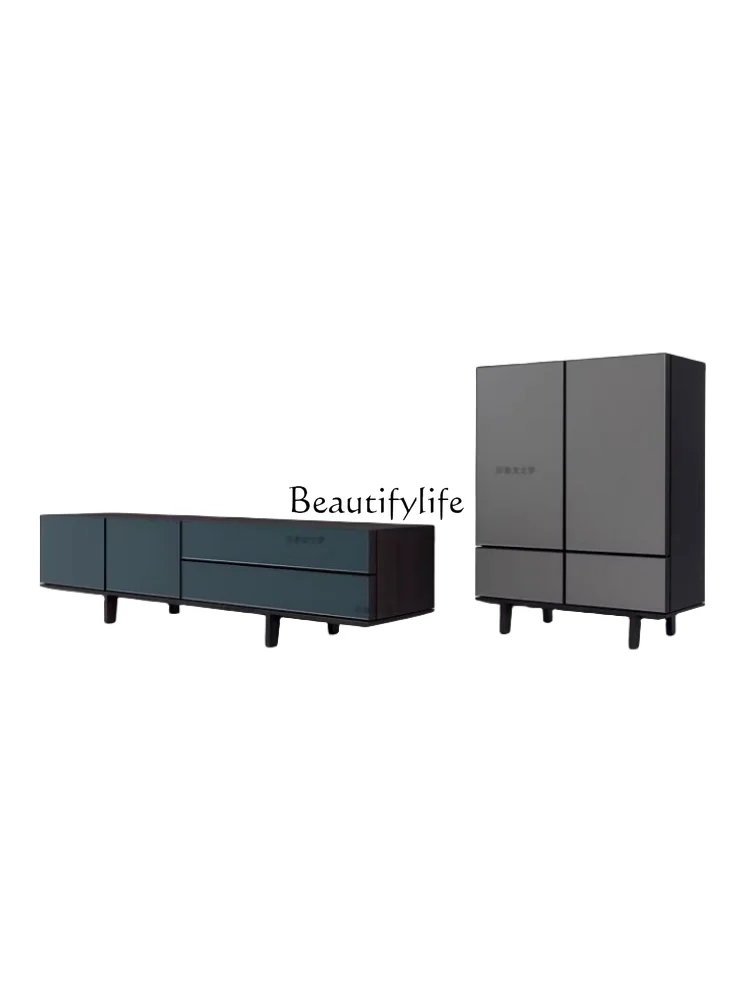 

Italian Minimalist Paint TV Cabinet Solid Wood Black Oak Floor Cabinet Storage Small Apartment Customization