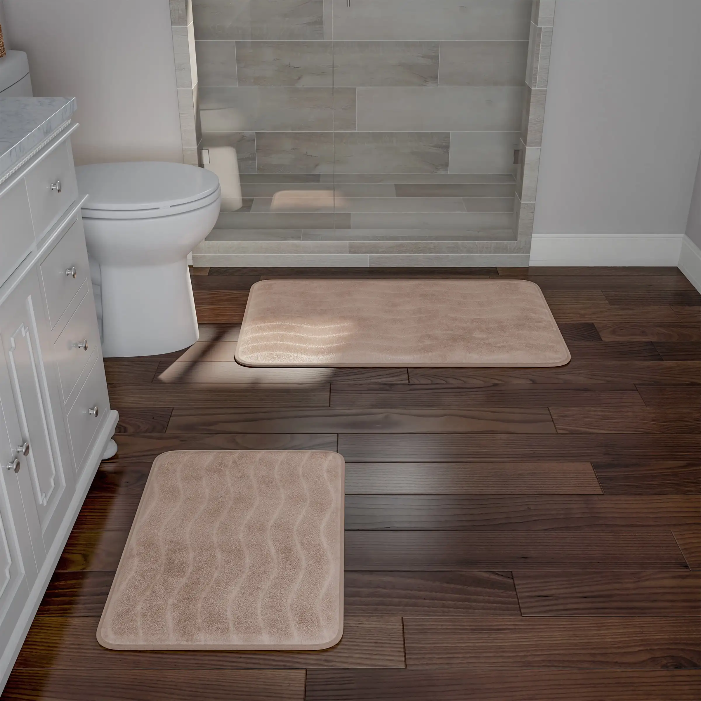 

Bathroom Rug Set- 2-Piece Memory Foam Bath Mats-Wavy Microfiber Top-Non-Slip Absorbent Runner for Shower, Tub, Sink, or Kitchen