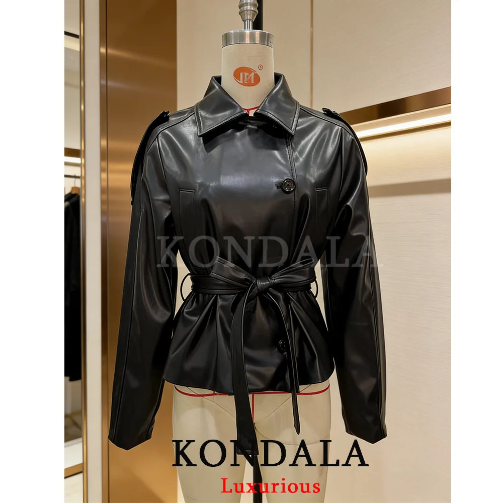 KONDALA, ropa de calle, chaquetas elegantes de cuero negro, chaquetas cortas con fajas y botones de manga larga para mujer, prendas de vestir elegantes a la moda para primavera 2026