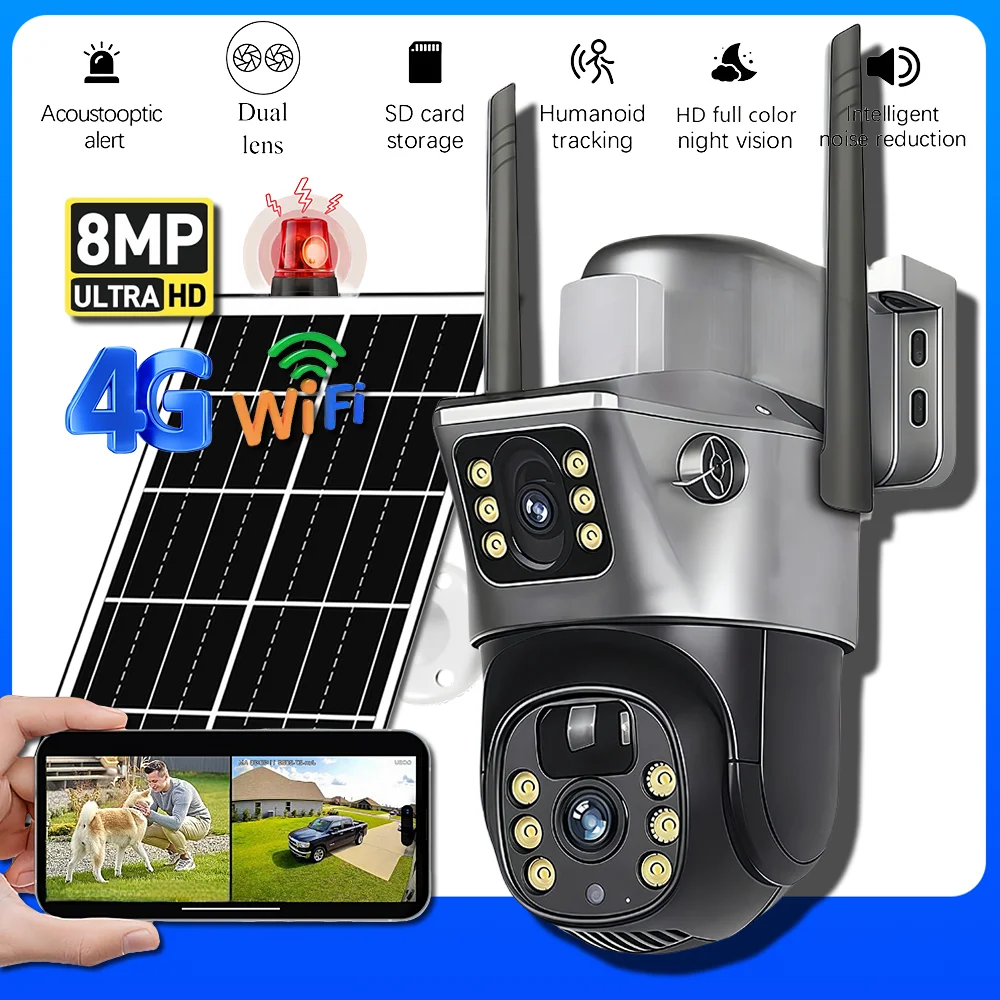 Dual Lens Solar Camera 4G 8MP Wireless WiFi Outdoors Waterproof Surveillance Built-in 8000 mah Battery Security Protection Cam