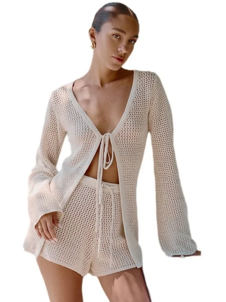 2025 Women Beach 2 Piece Sets Bikini Cover-Ups Swimsuit Tops And High Waist Shorts Sexy Ladies Swimming Cover Up Bathing Suit