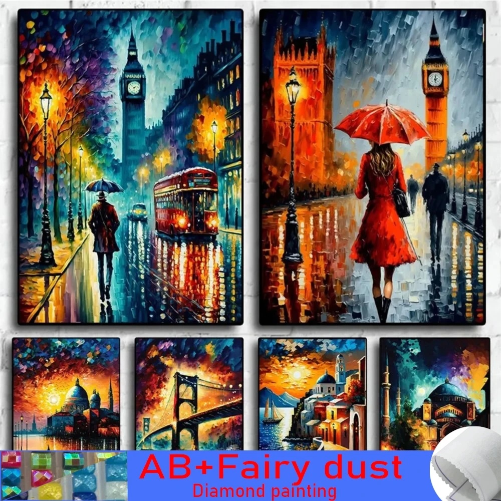 Abstract Rainy 120 colori AB Fairy Dust Diamond Painting Diy Full Square Round Drill ricamo Night Street Scenery Wall Decor