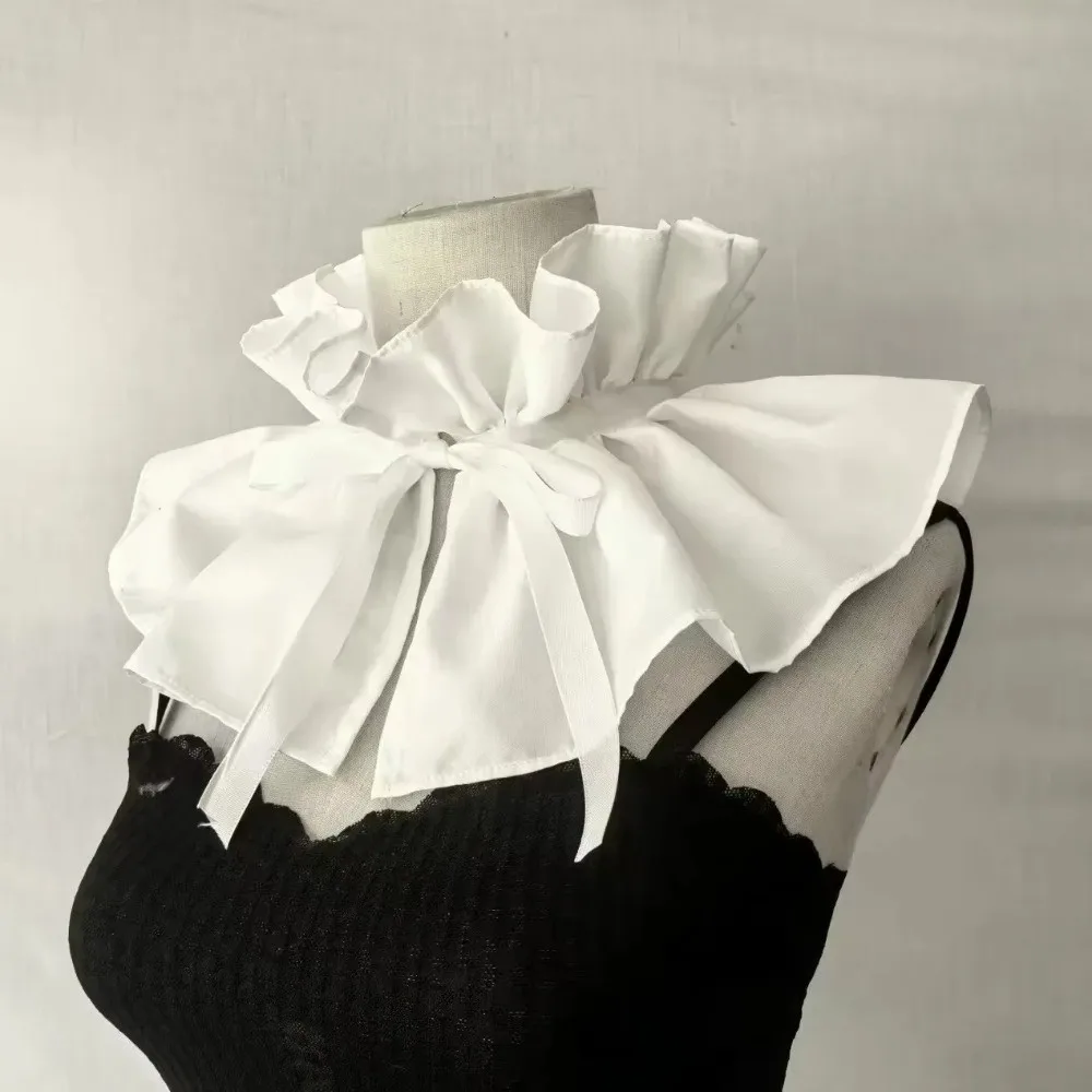 Ribbon Tie Detachable False Collar Lace Up High Neck Faux Ruffled Shawl Ruff White Polyester Pleated Retro Fake Stand Collar