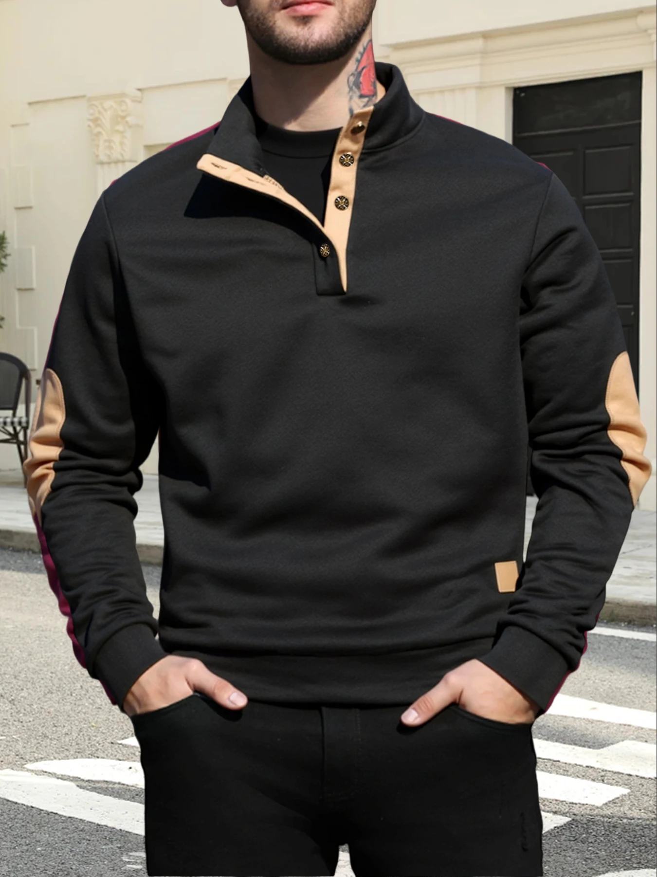 Men's Stand Collar Button Pullover Sweatshirt Fleece Lined Mock Neck Henley Top Vintage Style Mock Neck Warm Winter Casual Wear