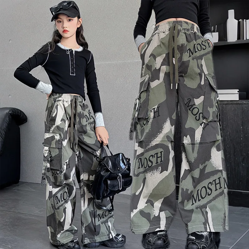 

Child Drawstring Camouflage Cargo Pants For Tweens Girl Street Pocket Camo Trousers Teens Kids Straight Camouflage Sweatpants