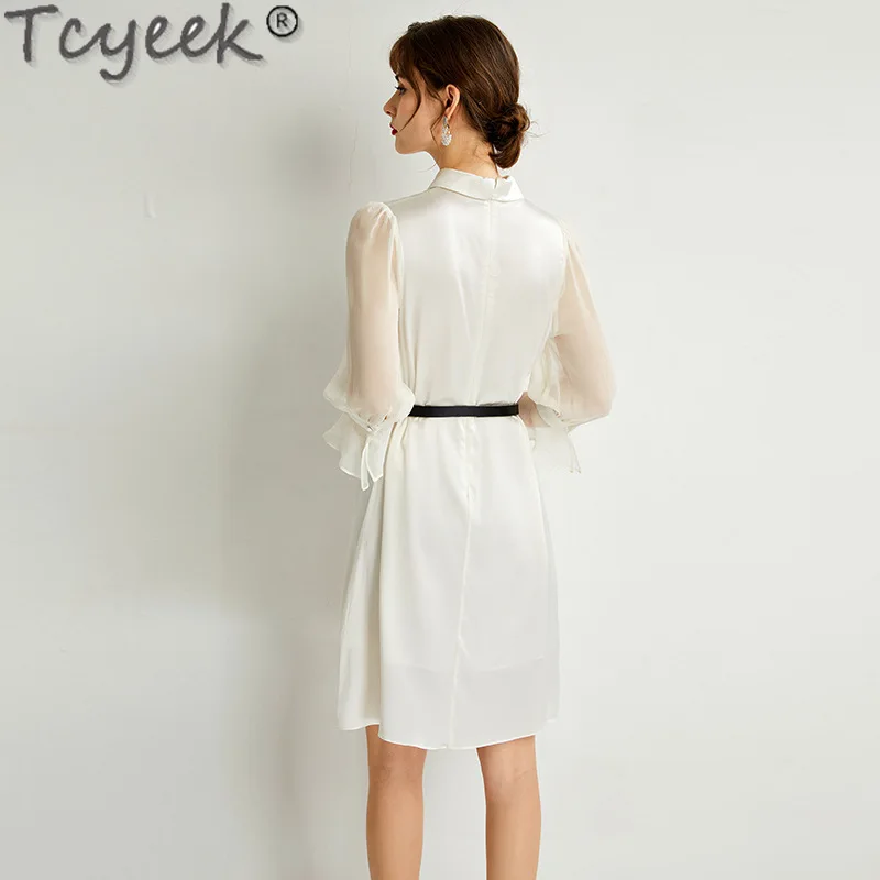 Tcyeek-Vestido de seda real amora para mulheres, vestidos Midi elegantes, roupas monocromáticas, moda, verão, USD 4%, 2022