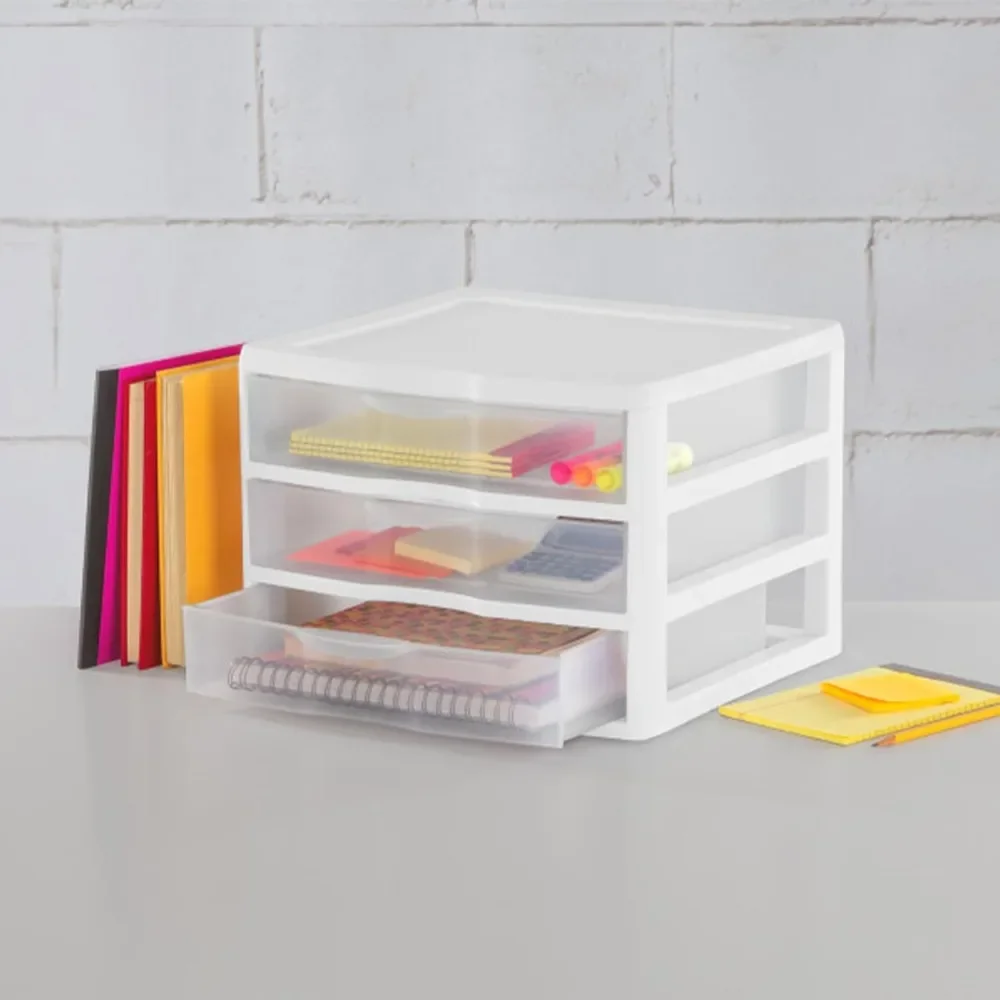 Clear Plastic Stackable Small 3 Drawer Storage System for Home Office, Dorm Room, or Bathrooms, White Frame, (6 Pack)