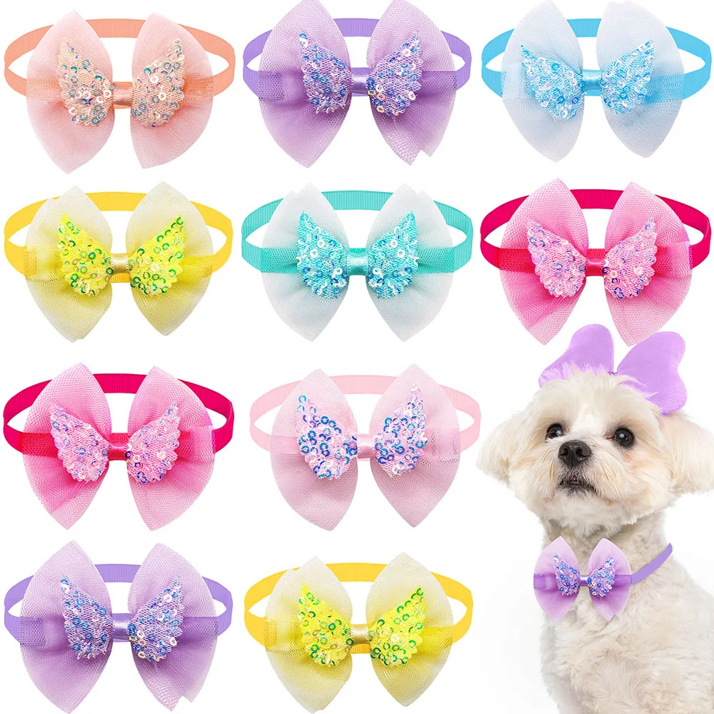 Pajarita de encaje para mascotas, Collar con lentejuelas de ala de Ángel, a granel, medianos y pequeños para perros, accesorios para mascotas, 10