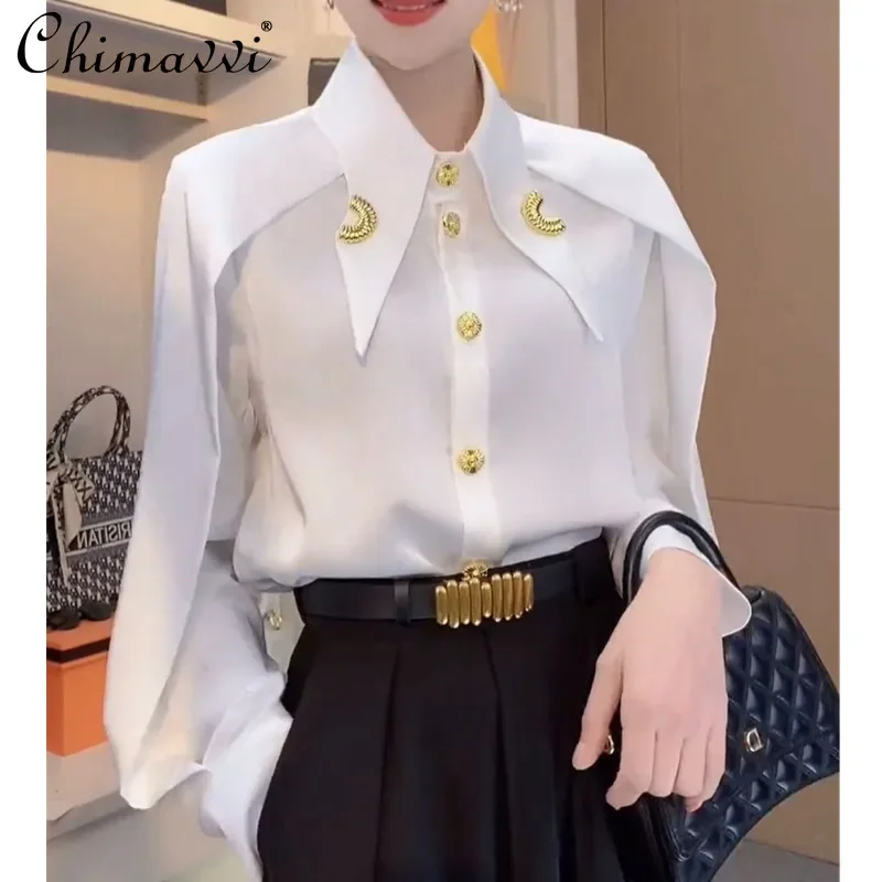Spring Autumn New Shirt Women's Fashion Commuter Pointed Neck Long Sleeve Design White Shirt Slim Elegant Women's Chiffon Tops