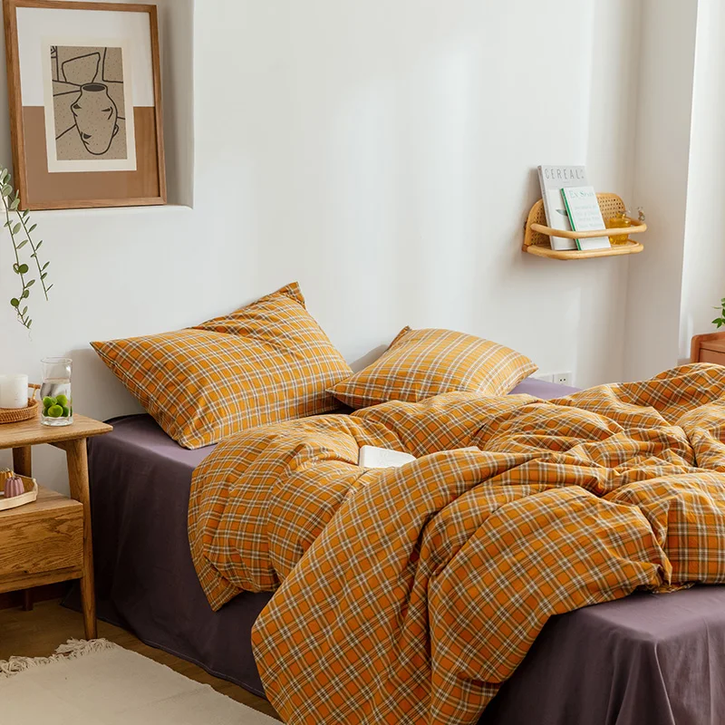 New Arrival Pumpkin Color Plaid Bedding Set,100% Cotton,Duvet Cover, Flat Sheet, 2 Pillow Cases,Comfort Breathable Easy Care