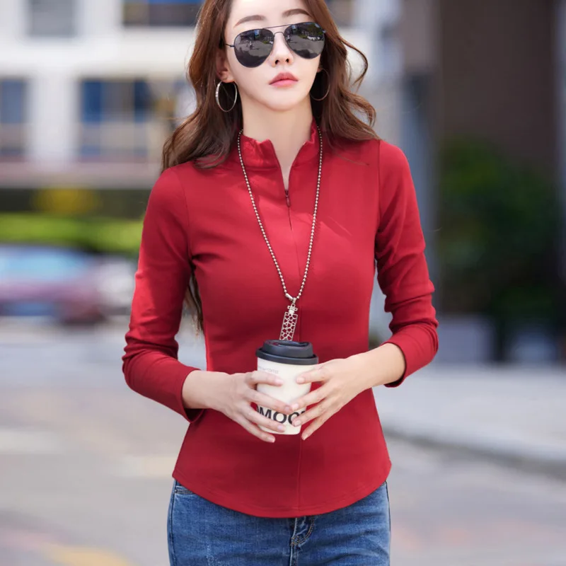 #0387 Turtleneck T Shirt Women Long Sleeve Solid Color Warm Zipper Short T-shirt Female Elegant Office Women\'s T-shirt Autumn