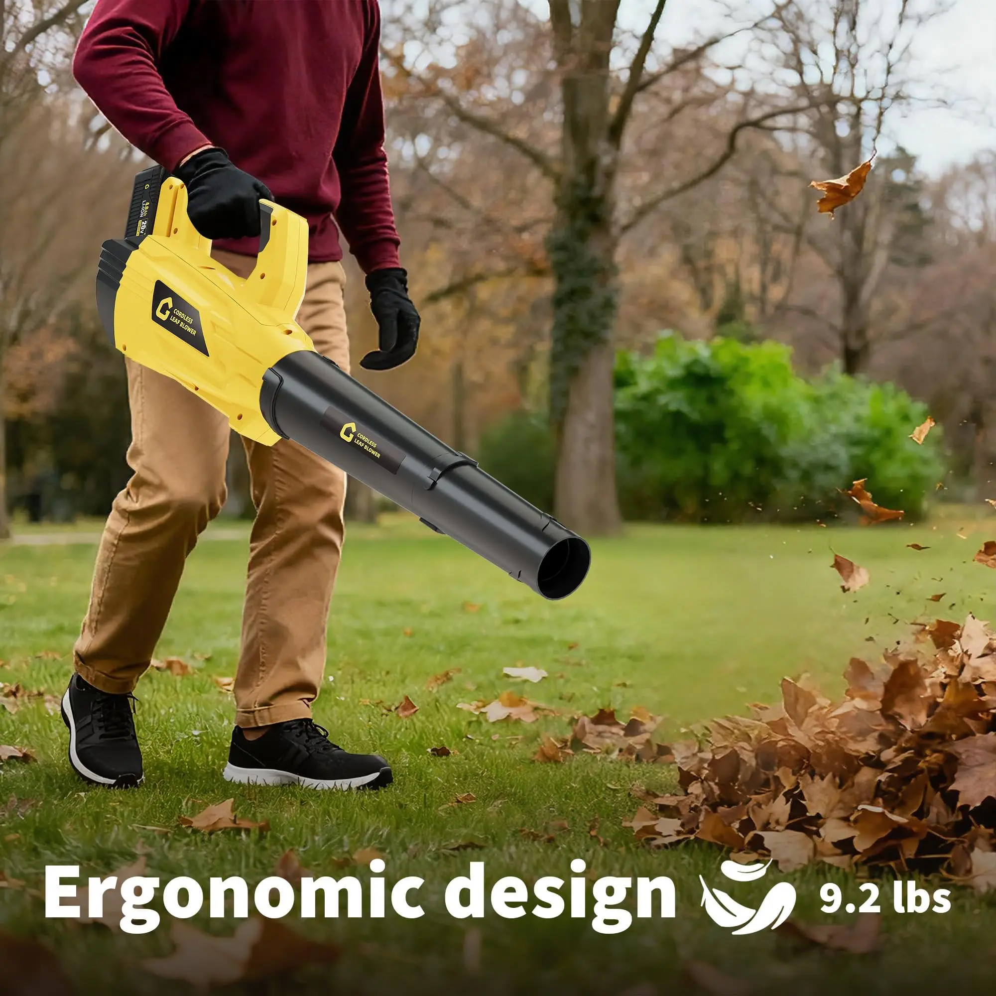 Cord Free Leaf Blower, 20V Handheld Battery Powered 550 CFM 130 MPH, 6 Speed Adjustable Control, 2 x 2.0Ah Batteries and Charger, Adjustable Tube, Lightweight Electric for Lawn Patio Driveway Garden Cleaning, 96 cm, Black Yellow