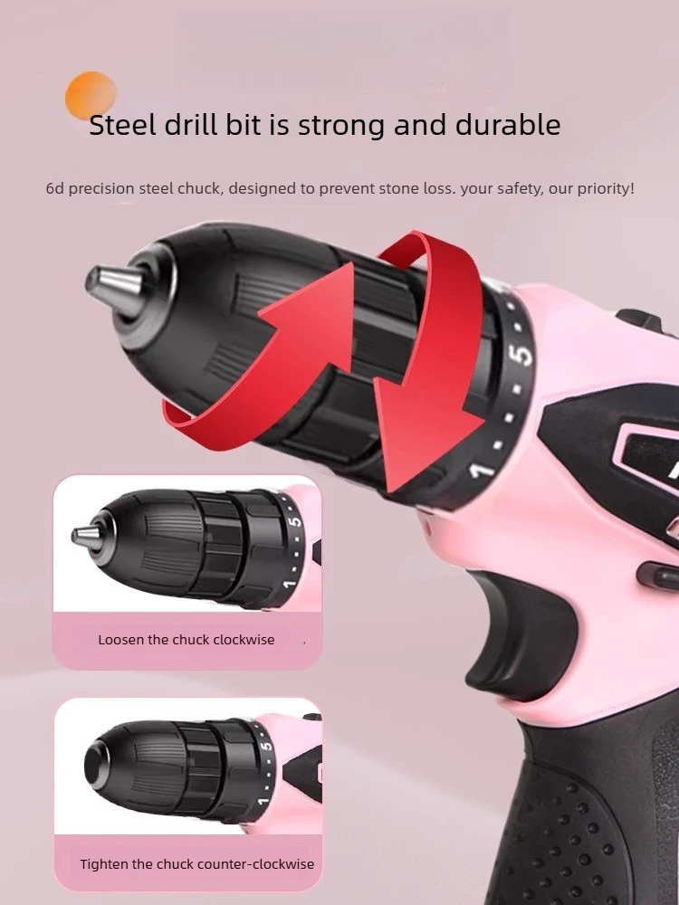 Hand drill Girls household small pistol drill Lithium battery punching wall hole Multifunctional electric pink impact drill