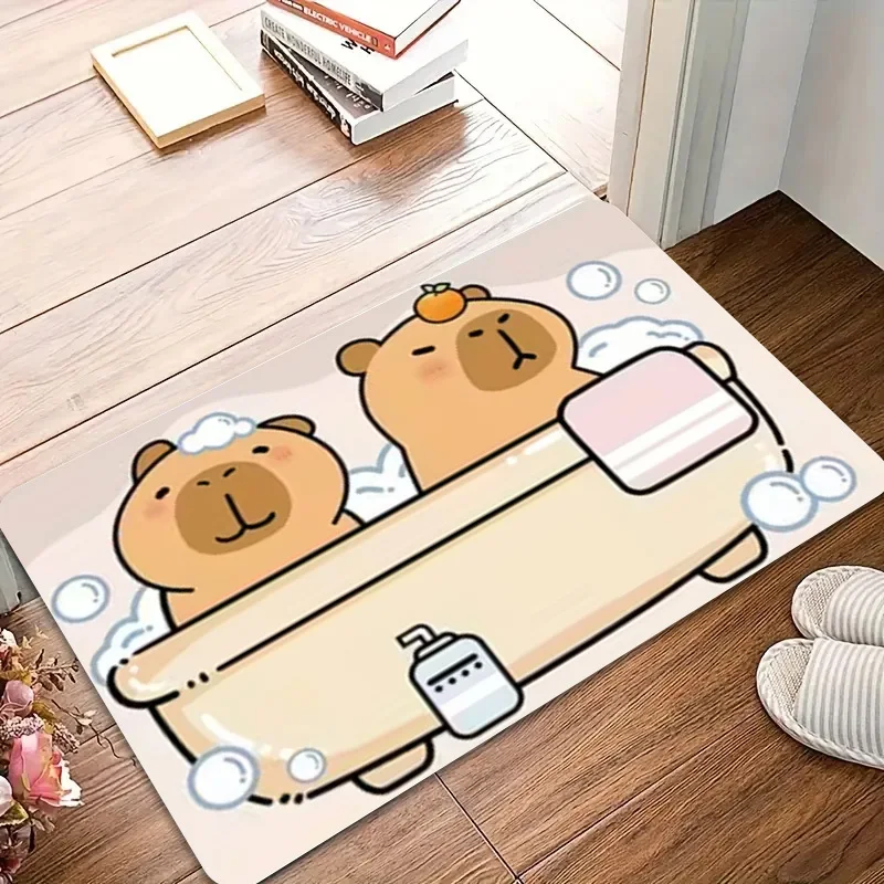 Cute Capybara Bath Time Door Mat, Cartoon Hamster Soaking Tub Entrance Floor Rug, Kawaii Animal Bathroom Decor Carpet