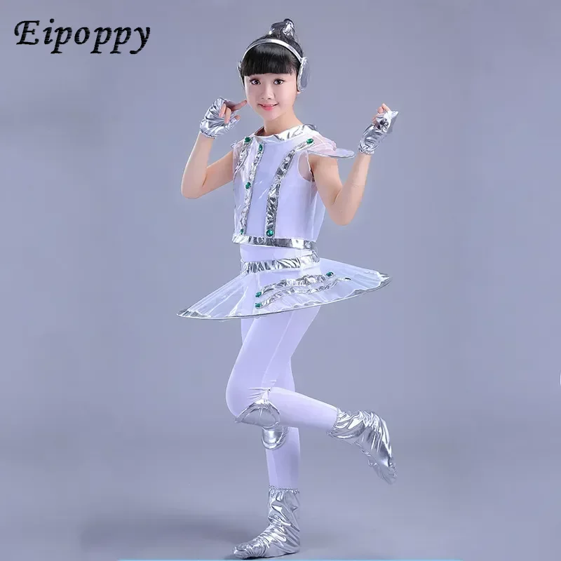 Kids Robot Costume White Silver Astronaut Performance Space Stage Dance Show Time Clothing Unisex Dance Clothes Boy or Girl