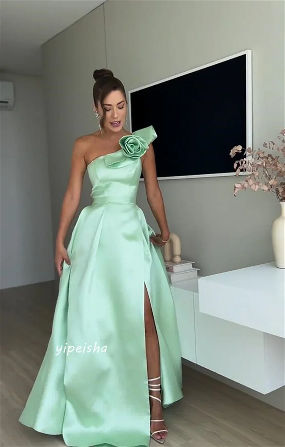 Brilhante-vestido de baile com um ombro, vestidos elegantes, requintados, clássico, estilo moderno, formal, à noite, elegantes, flores sexy