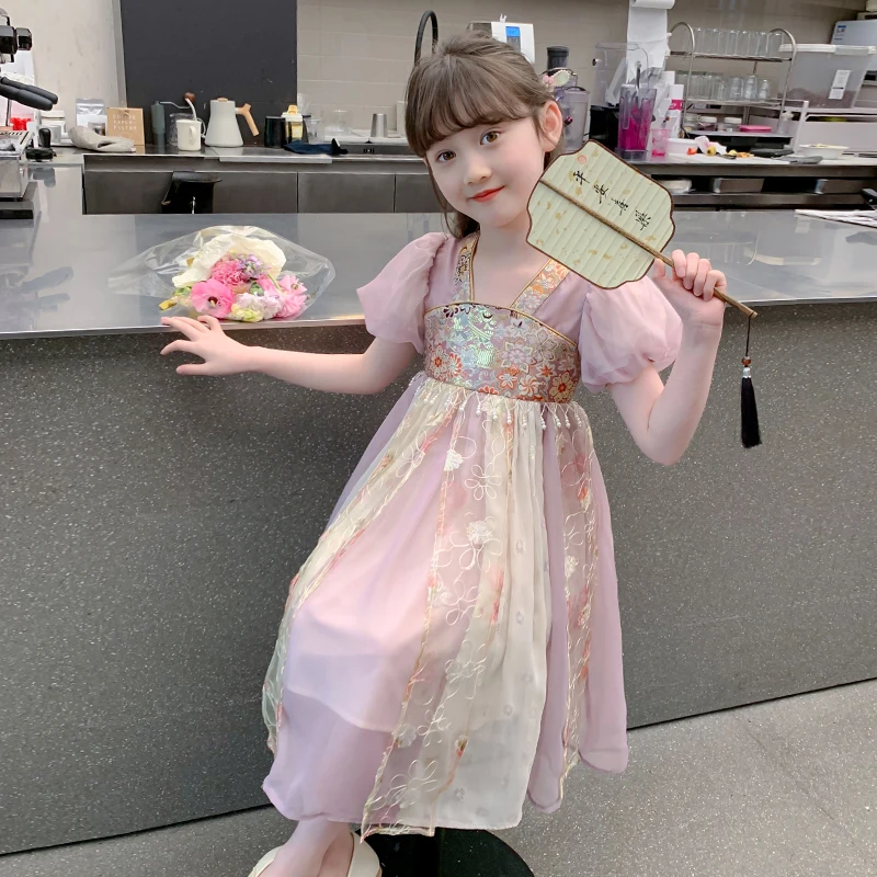

Girls Summer Dress Children's Hanfu Mesh Bubble Sleeves Dress Ancient Style Kids Princess Long Dress 2025