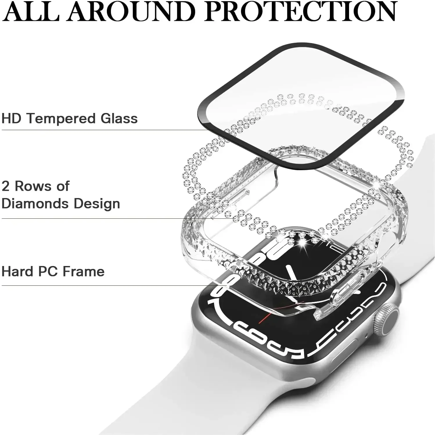 Glass+Bling Diamond Cover For Apple watch Case 46mm 42mm 44mm 41mm Tempered Bumper Screen Protector iWatch series 10 9 8 7 6 5 4 image 3