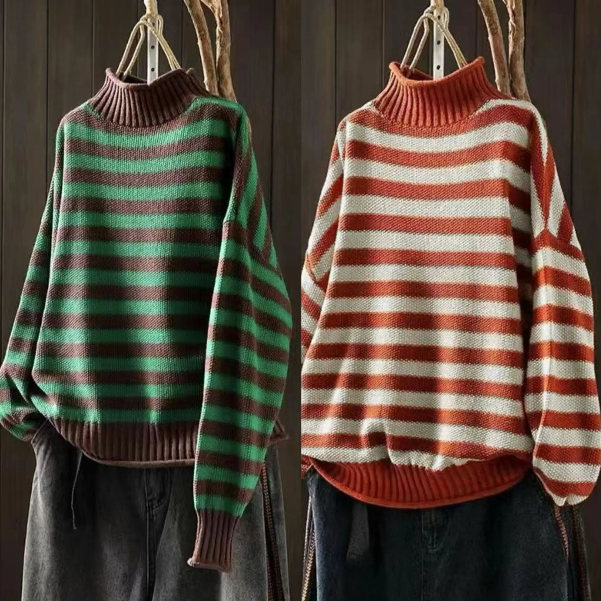 

Vintage Colorblock Striped Knit Pullover Sweater 2025 Autumn Winter New Women's Hot Sale High-neck Loose Versatile Casual Top
