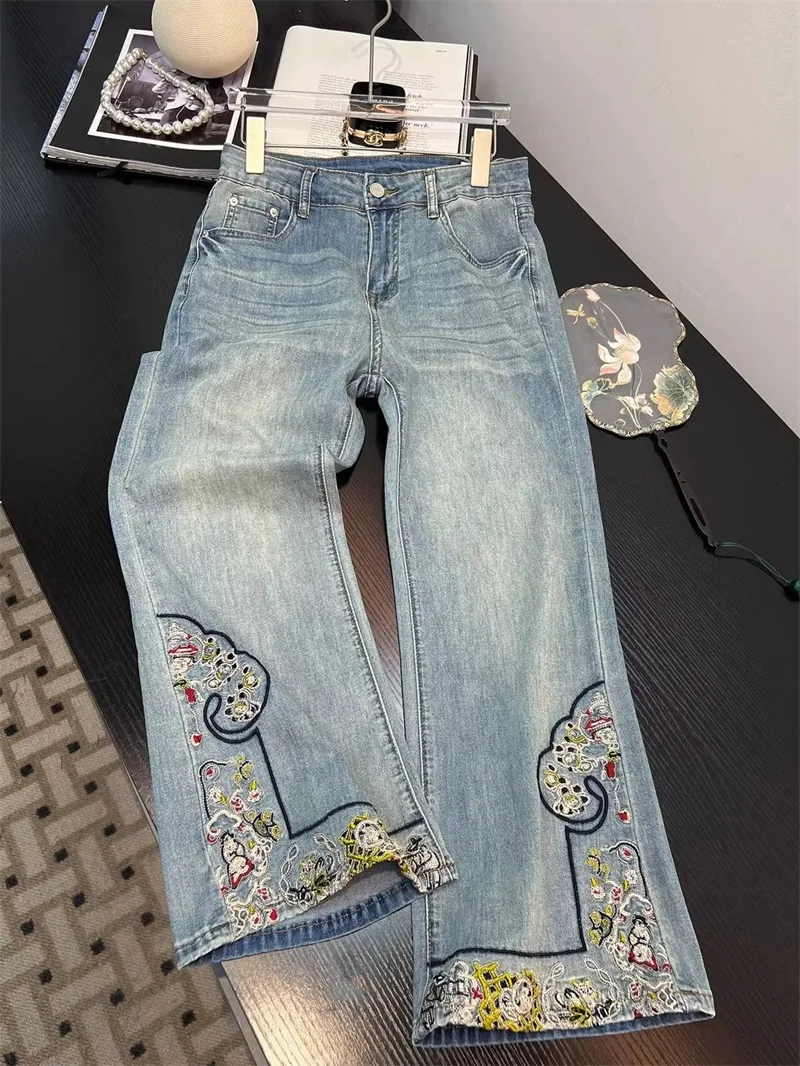 Casual Age Reducing Embroidered Wide Leg Jeans for Women 2025 Summer New Style High Waist, Slim and Versatile Straight Pants