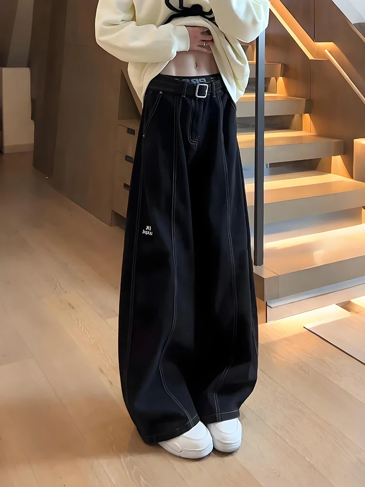 

Мужские джинсы American Sle свободного кроя с прямыми штанинами, черные, с изогнутым дизайном, высокая талия, для повседневной носки, из полиэфирного волокна