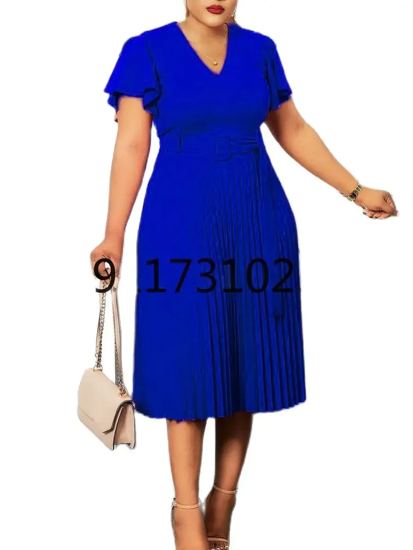 African Style Women Casual Belted Pleated Dress Elegant Chic Office Lady A-Line High Waist Dress 2024 Autumn Winter Fashion