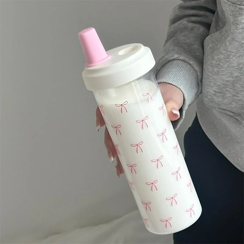 Leak-proof  Water Cup 750ml Large Capacity Pink Bow Print Tumbler Water Bottle with Straw Lid Girly Attractive Drinking Cup view 3
