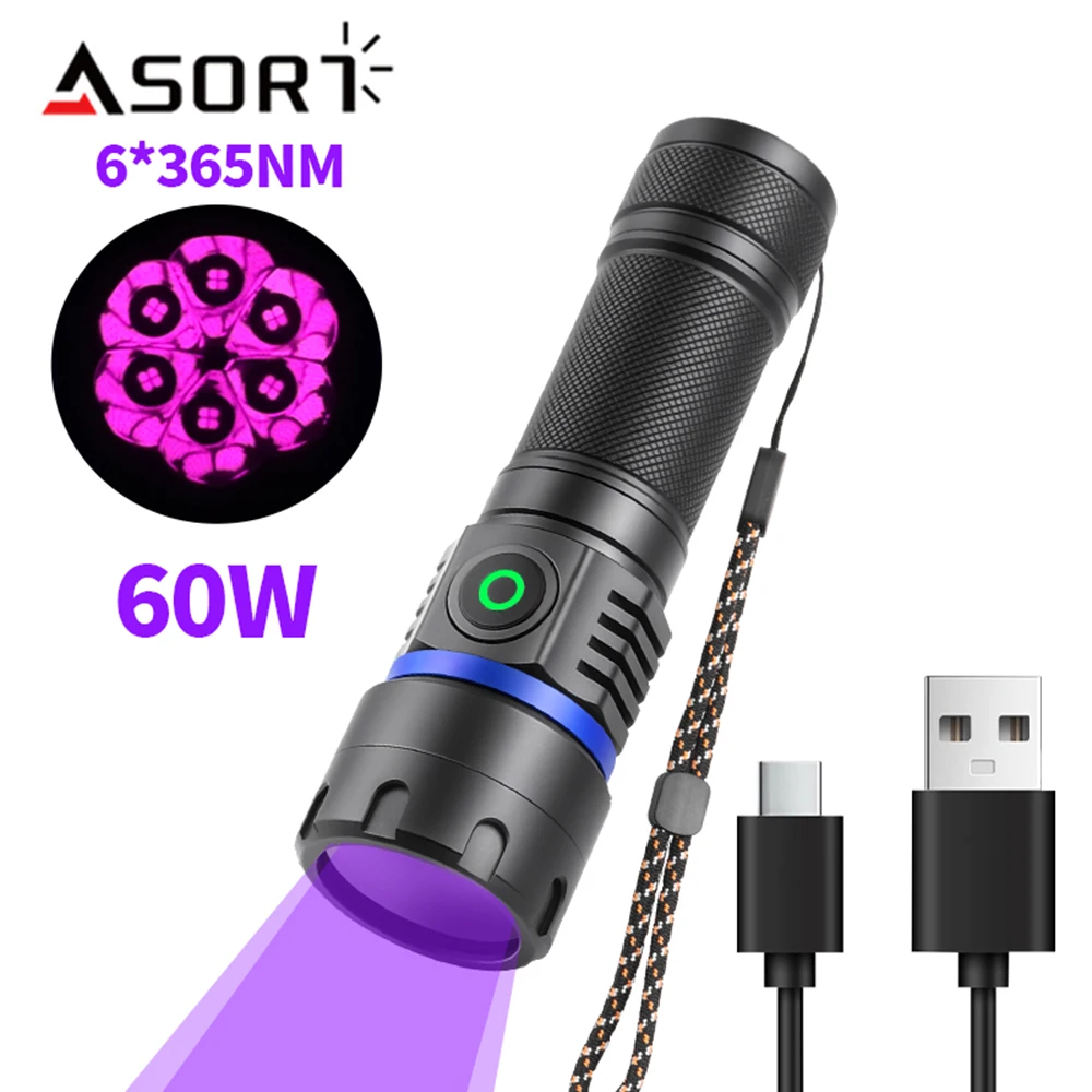 Senter UV Kuat 395/365nm Cermin Hitam Senter Deteksi Cahaya Ungu Lampu Ultraviolet Tahan Air Isi Ulang USB Tipe C