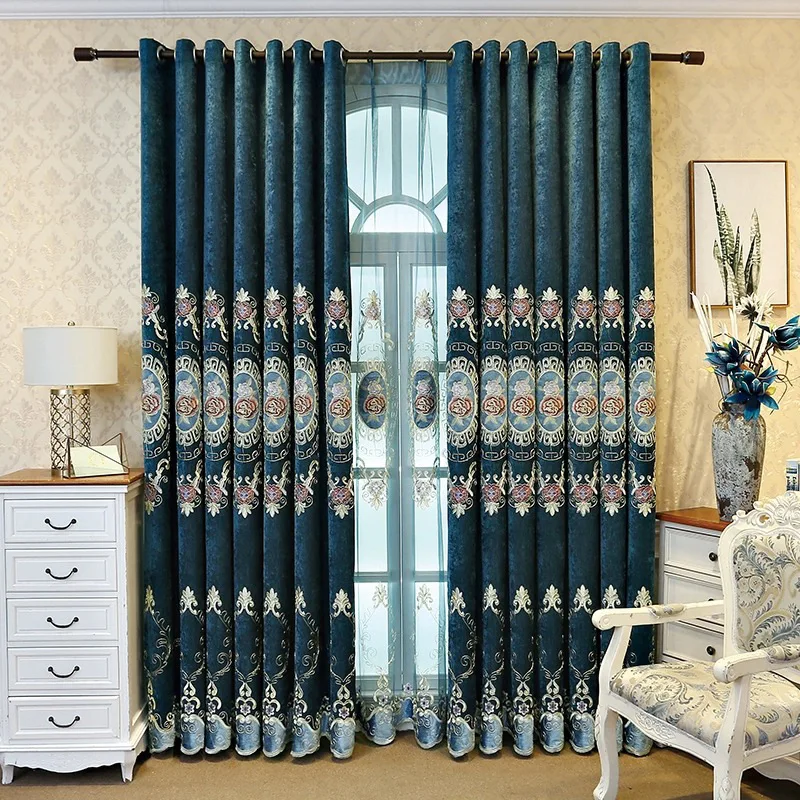 

Custom Gorgeous American living room balcony modern embroidery blue chenille blackout curtain tulle drape C2180