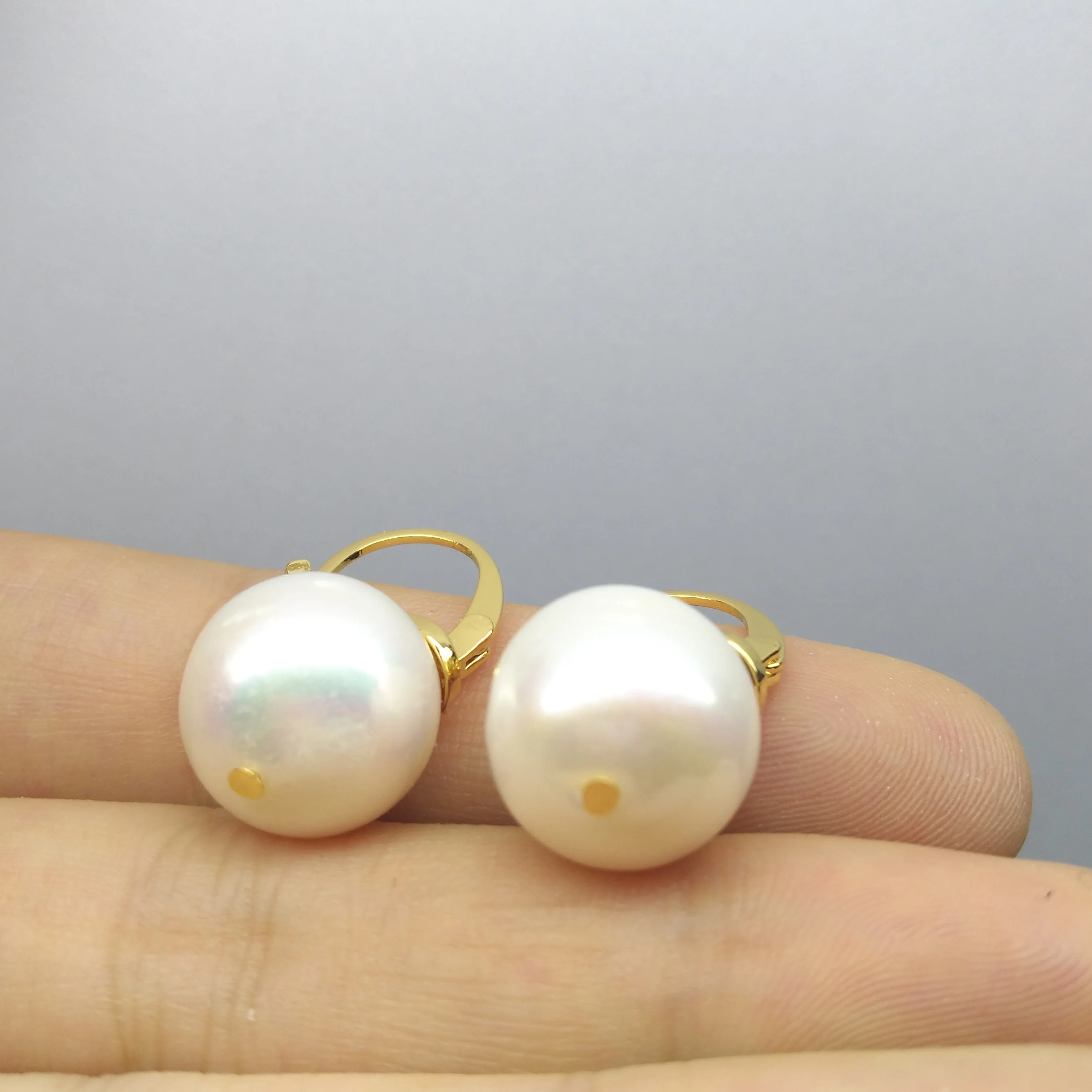 Real 925 Sterling Silver Yellow Hoops 12-13mm South Sea White Drop Genuine Pearl Earrings Exceptional Special Gift Free Shipping