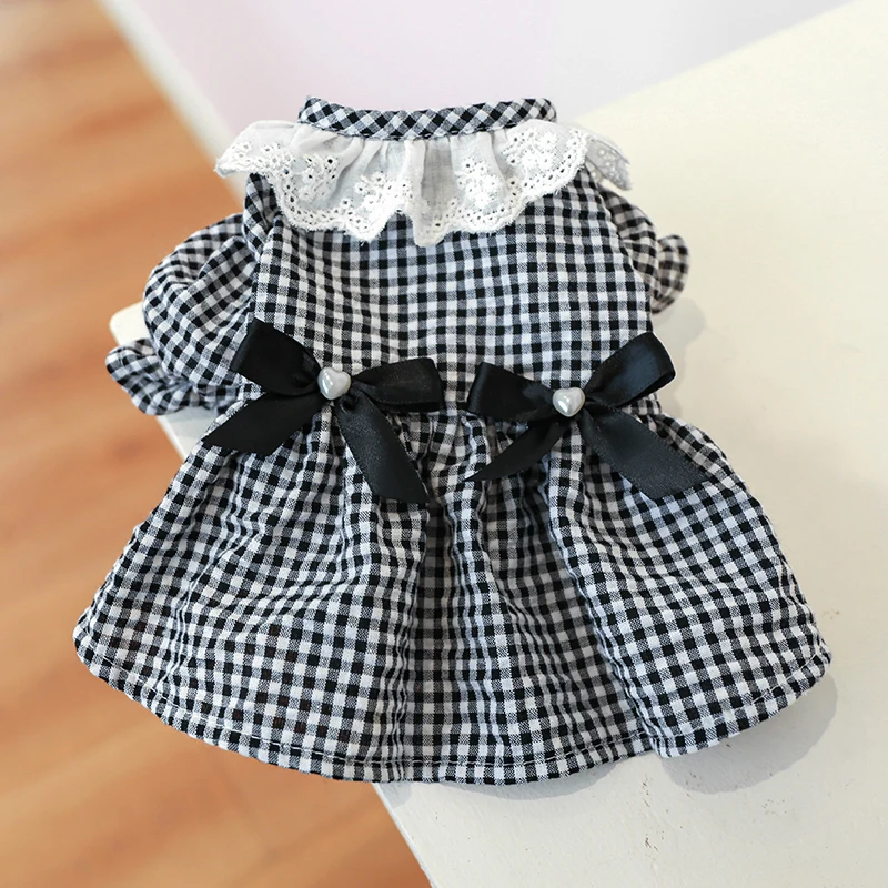 1PC Pet Apparel Dog Spring/Summer Dark Blue White Plaid Princess Dress Pearl Bow Lace Short Skirt For Small Medium Dogs